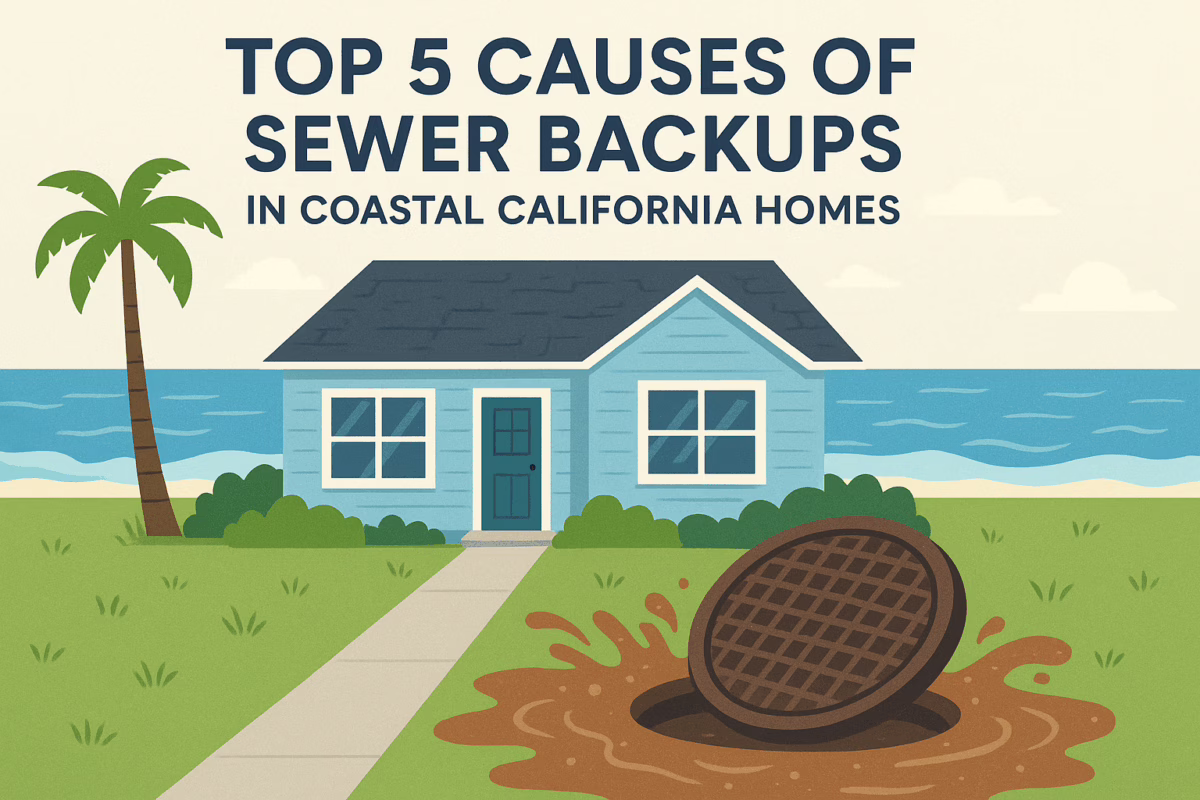 An illustration of a blue house by the ocean with a palm tree and a lifted sewer cover spilling brown water. Text reads: Top 5 Causes of Sewer Backups in Coastal California Homes by Val's Plumbing & Heating.
