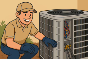 A smiling technician from Val's Plumbing & Heating, wearing gloves and a cap, is kneeling next to an outdoor air conditioning unit with its panel open, inspecting colorful wires and gauges during a maintenance check.