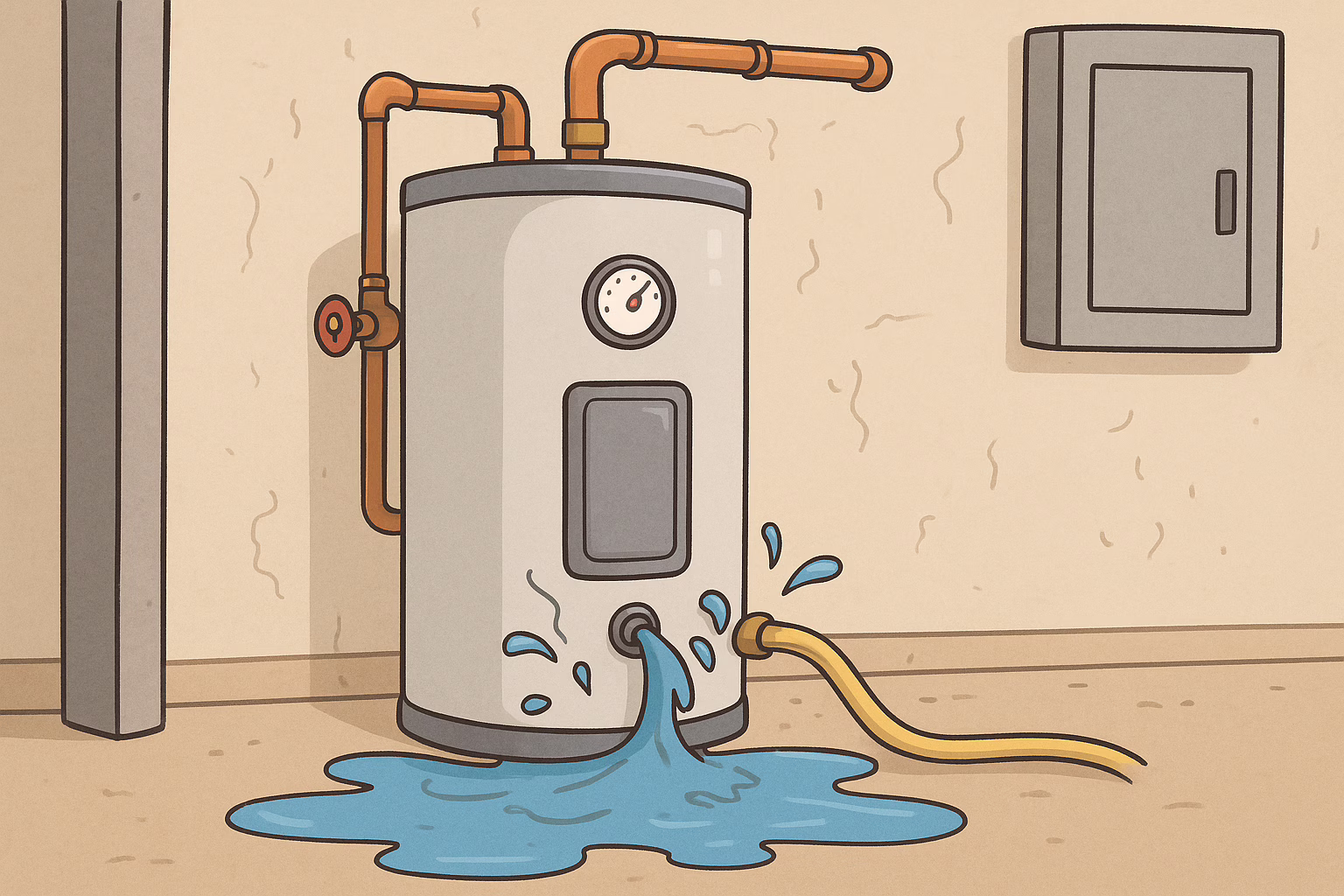 A water heater is leaking onto the floor, with a hose attached and water pooling below. Pipes connect to the heater, and an electrical panel is nearby—call Val's Plumbing & Heating for professional repairs.