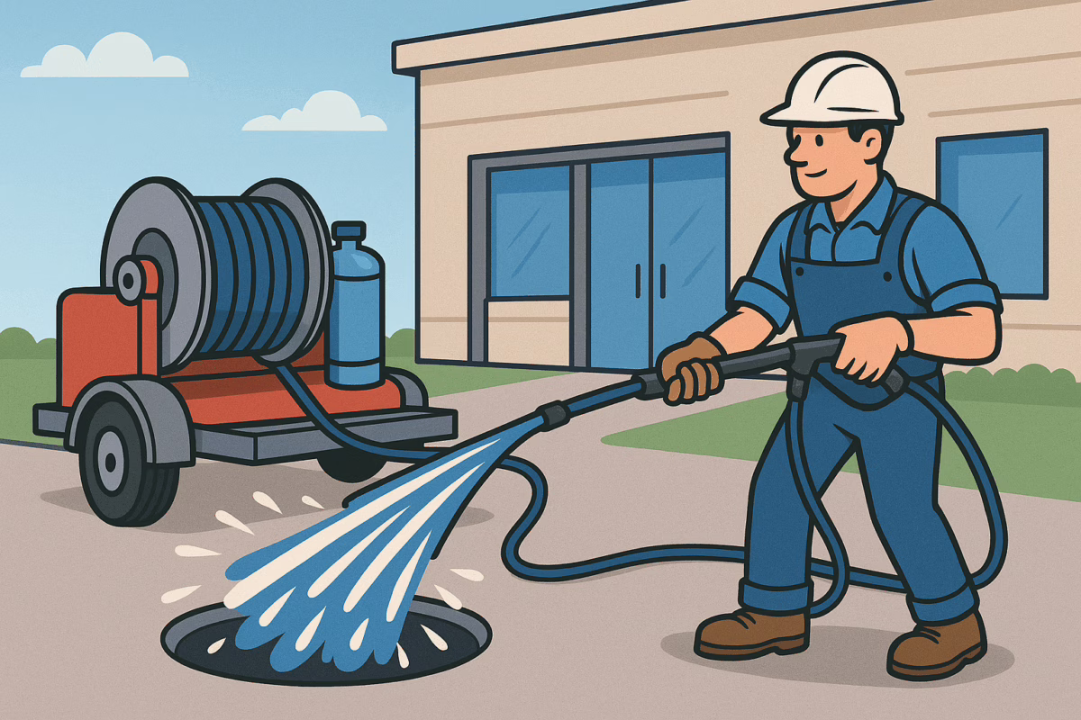 A worker in blue overalls and a white hard hat uses a high-pressure hose to clean a drain in front of a building. Nearby, a hose reel and equipment cart from Val's Plumbing & Heating are positioned on the pavement.