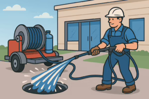 A worker in blue overalls and a white hard hat uses a high-pressure hose to clean a drain in front of a building. Nearby, a hose reel and equipment cart from Val's Plumbing & Heating are positioned on the pavement.