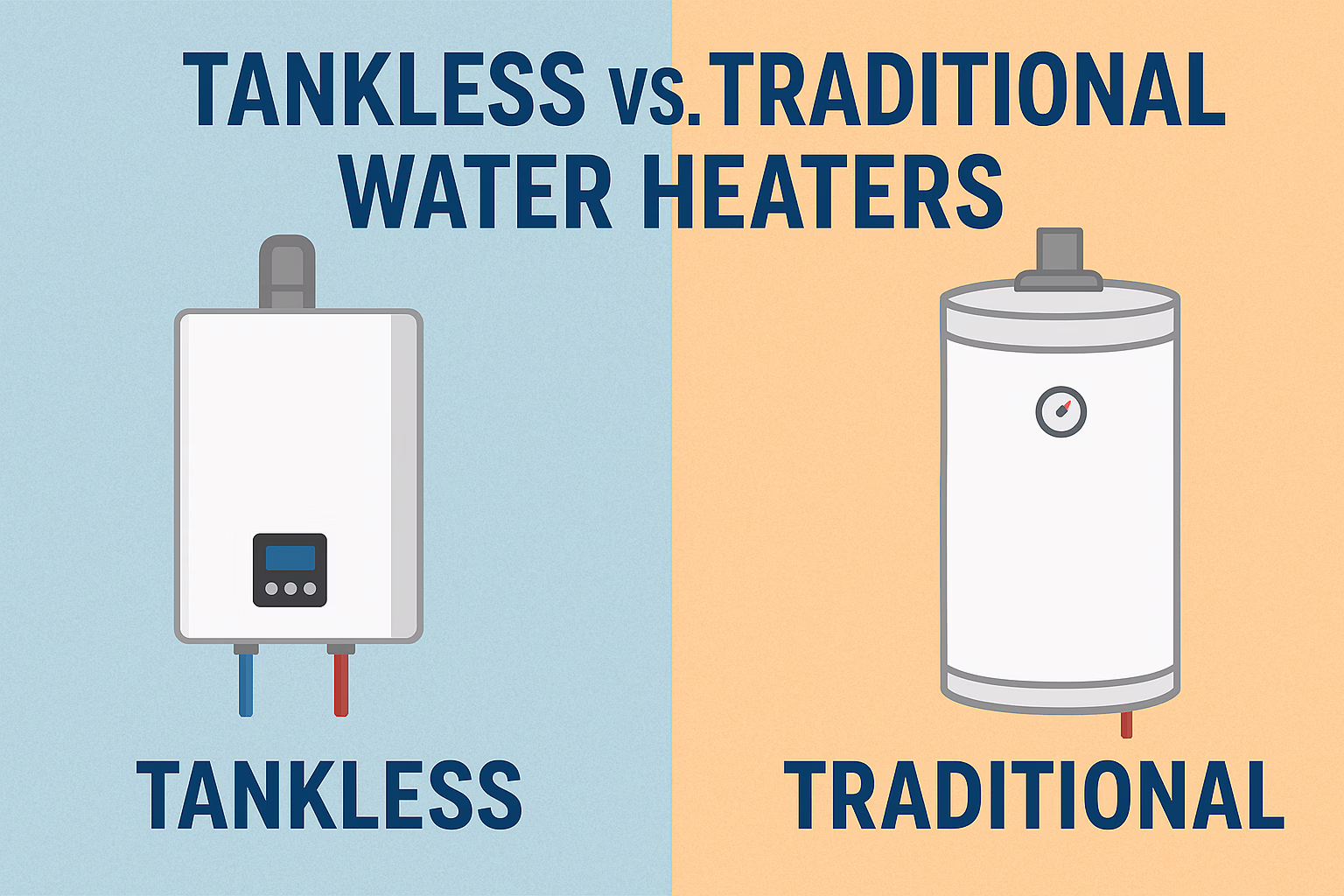 Illustration comparing tankless and traditional water heaters. The left side shows a compact, rectangular tankless heater; the right, a larger traditional model. Text reads: Tankless vs. Traditional Water Heaters by Val's Plumbing & Heating.