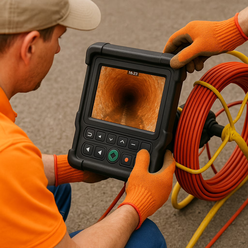 A worker in orange gloves inspects a sewer pipe using a camera system for Val's Plumbing & Heating, viewing the inside of the pipe on a monitor, with coiled cable equipment on the ground nearby.