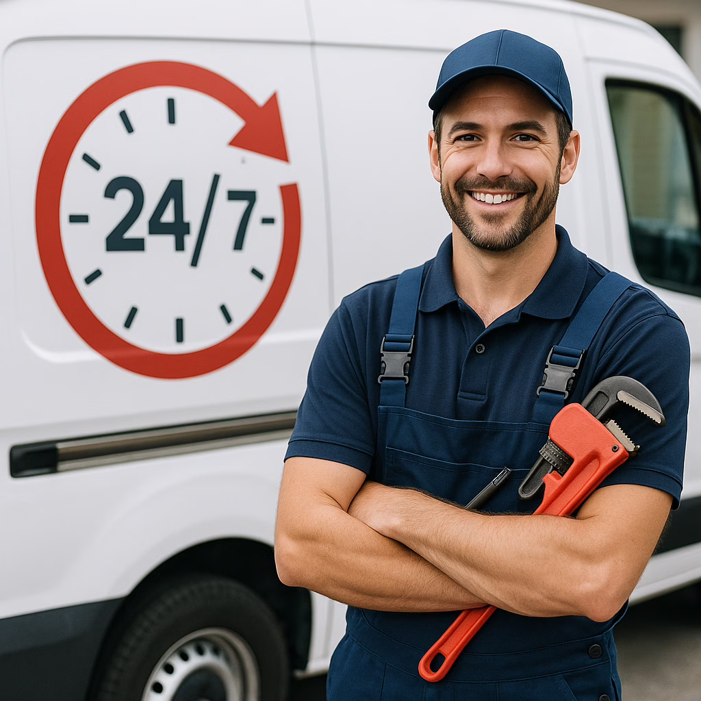A smiling plumber in blue uniform and cap stands with arms crossed, holding a red pipe wrench, in front of a white van displaying a large 24/7 emergency plumbing service sign with a clock graphic.