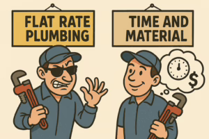 Cartoon of two plumbers: one under a Plumbing Flat Rate sign, looking angry and holding a wrench; the other under a Time and Material sign, smiling with a thought bubble showing a clock and dollar sign.